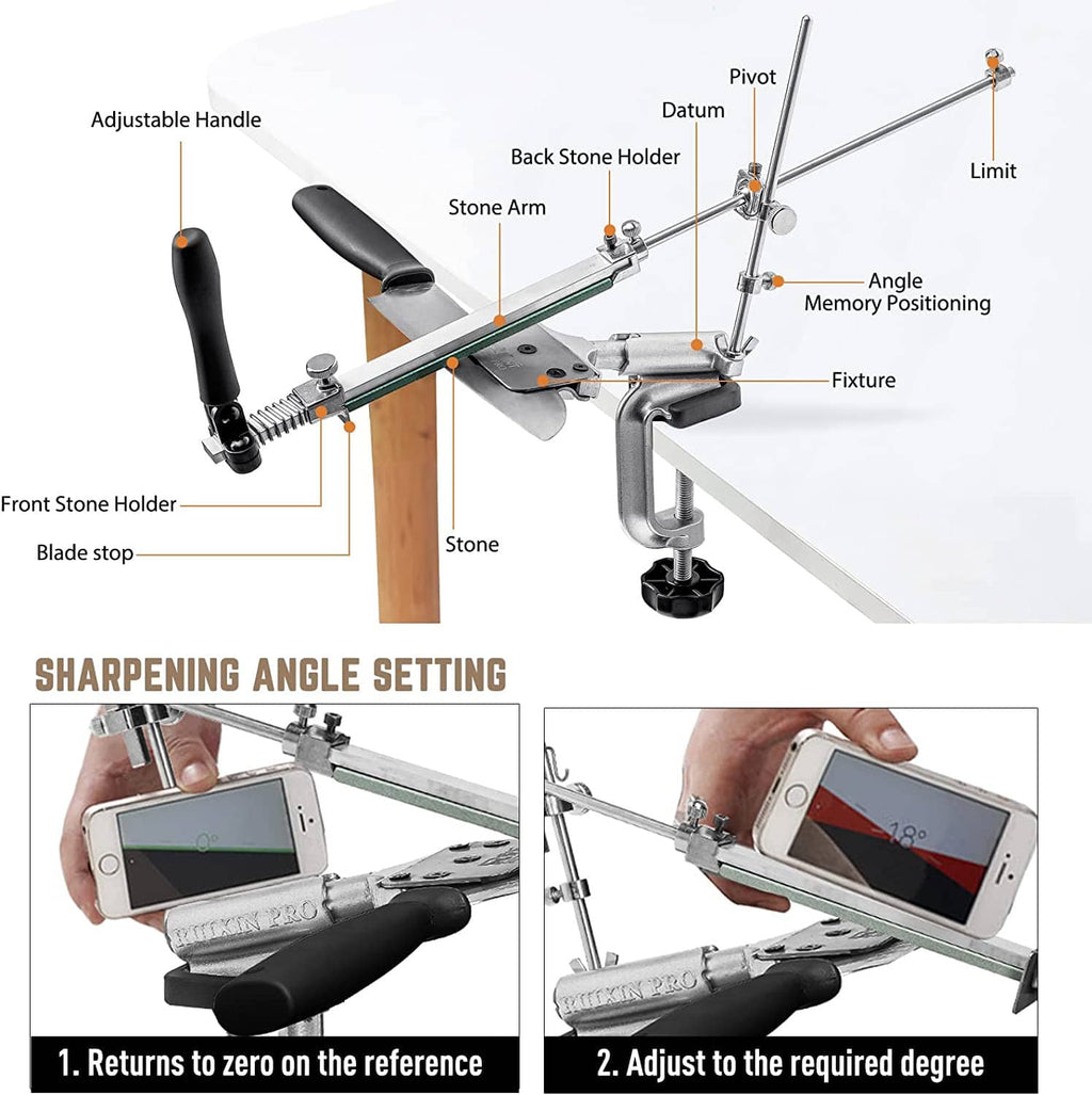 Adjustable knife sharpener with labeled pivot, angle memory position, and front stone holder