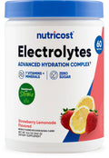 Electrolytes complex powder bottle, strawberry lemonade flavor, advanced hydration label
