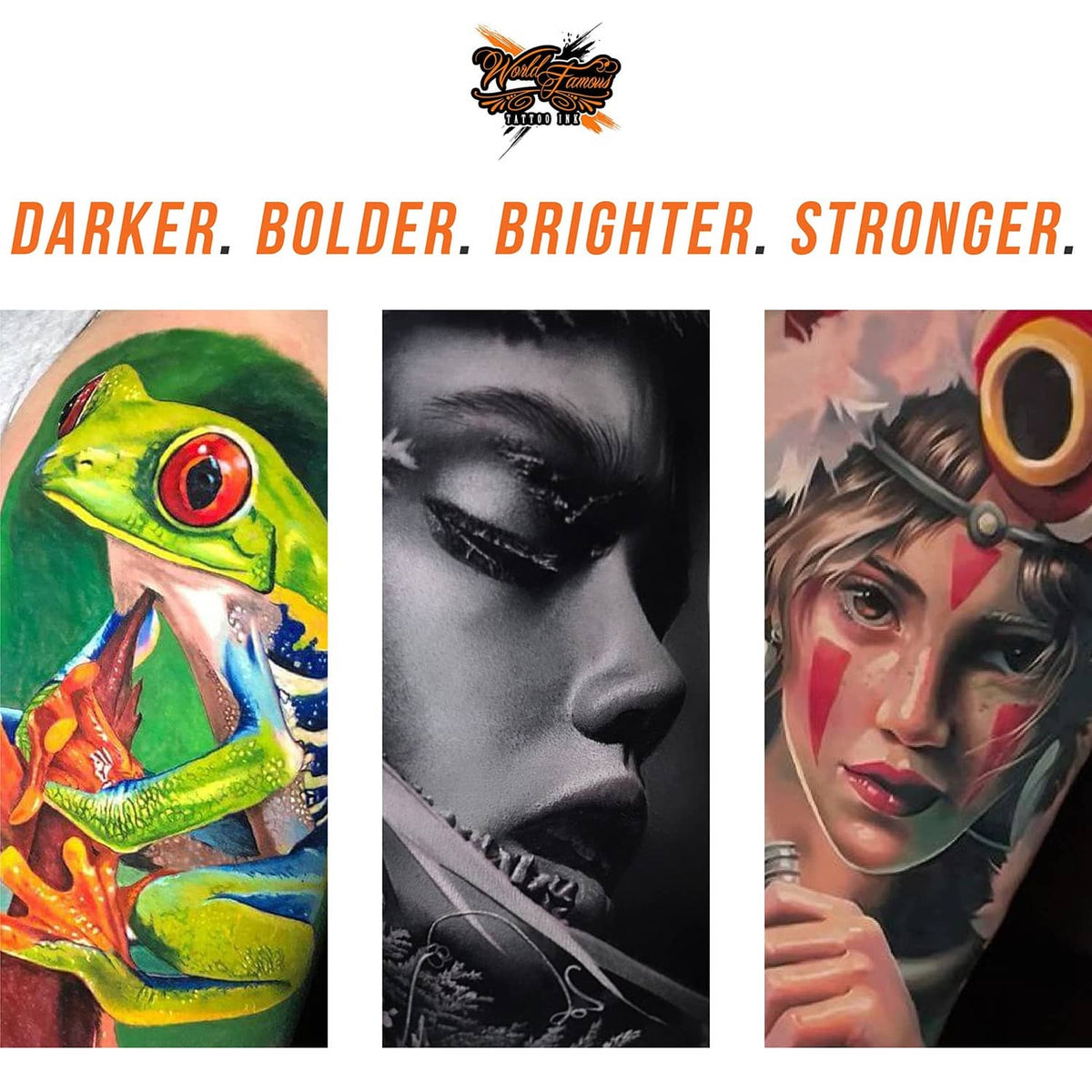 Tattoo ink promotional graphic with three artwork panels and a product logo