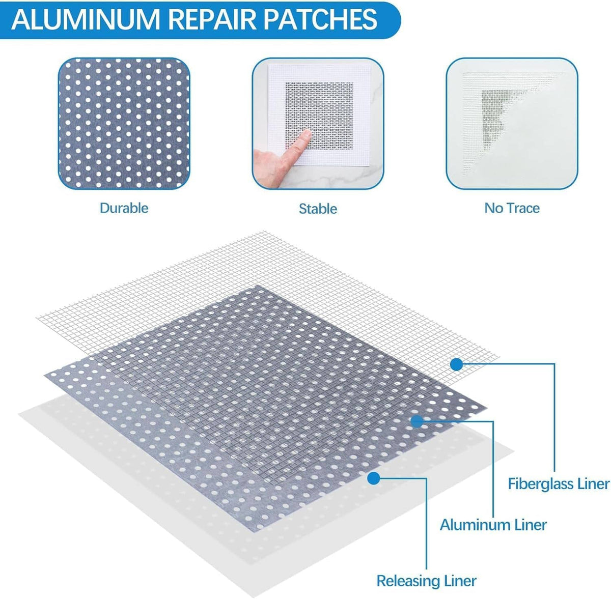 Aluminum drywall repair patches with fiberglass liner and releasing liner layers diagram