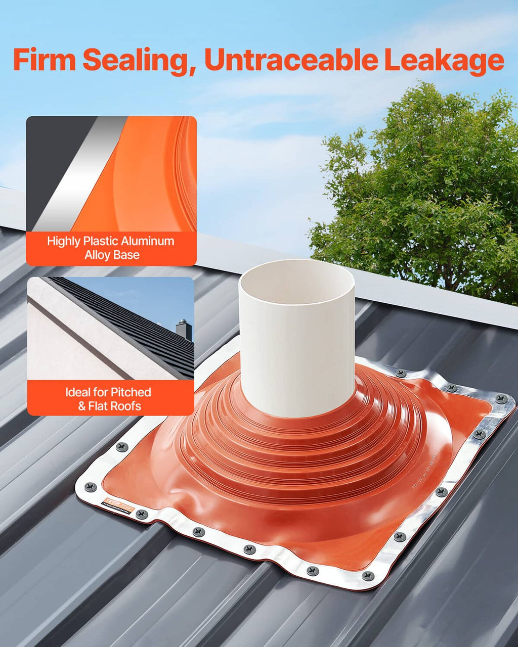 Orange roof pipe flashing boot with white metal mounting base and round pipe opening