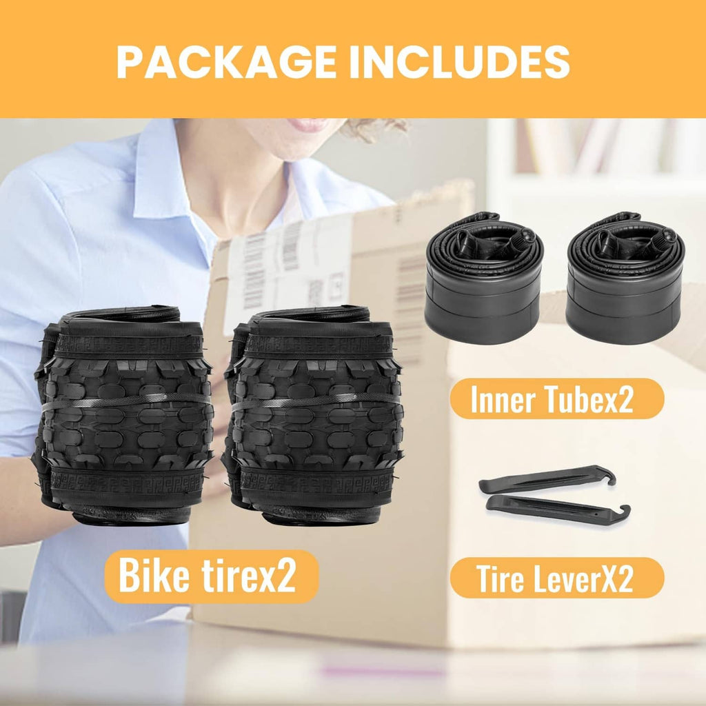 Kids bike tire package with two black tires, two inner tubes, and tire levers