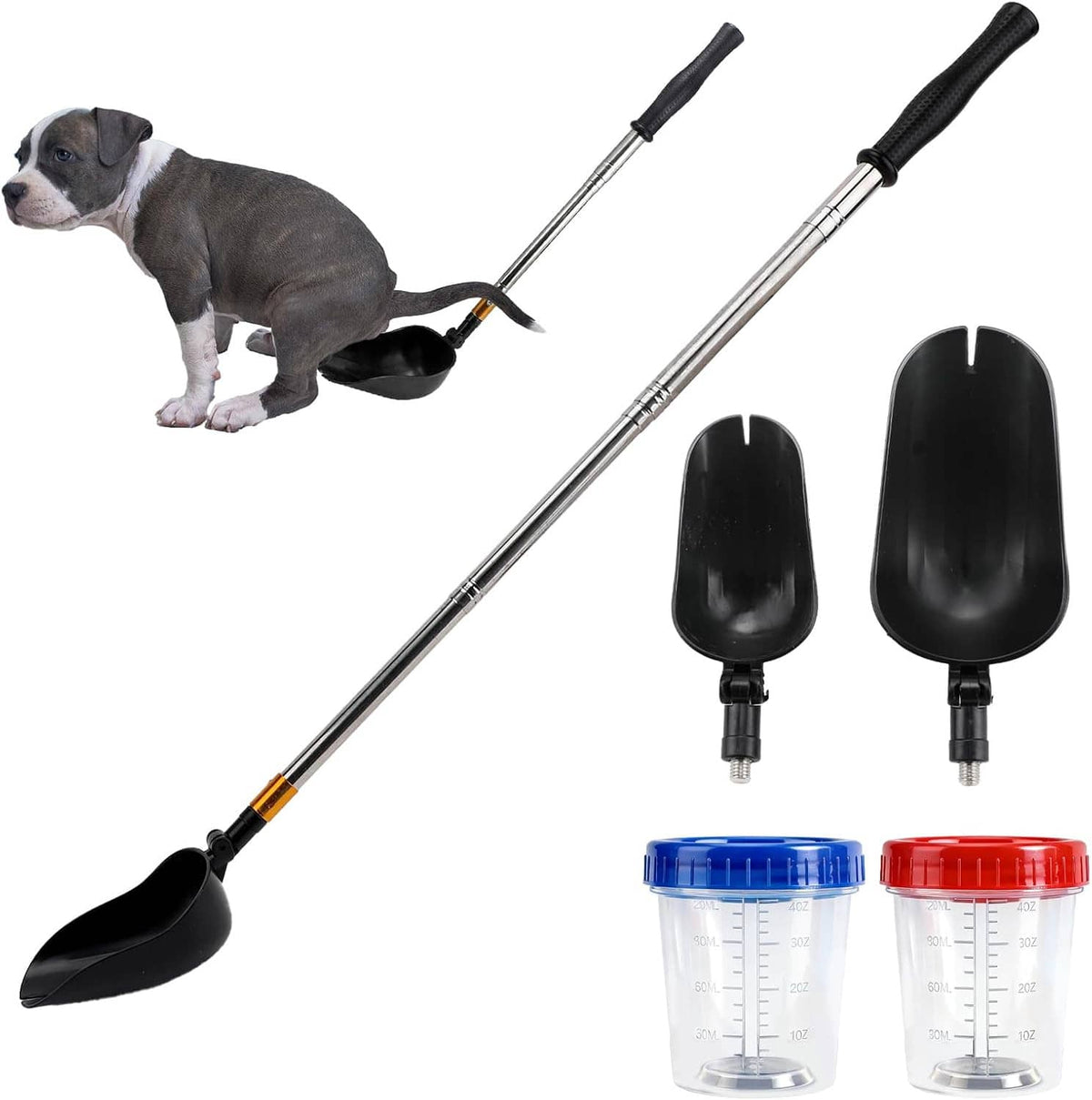 Telescopic urine collector for dogs and cats with adjustable stick, black scoop, and 2 cups