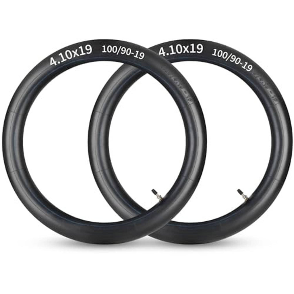 Motorcycle inner tube pair, black butyl tubes marked 4.10x19 100/90-19