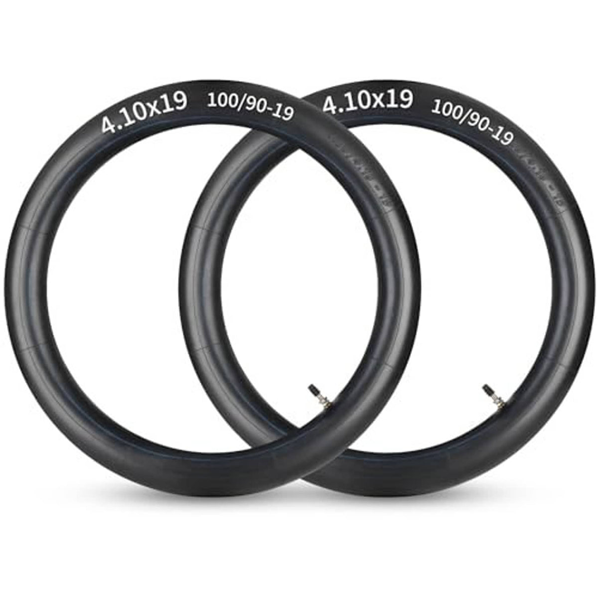 Motorcycle inner tube pair, black butyl tubes marked 4.10x19 100/90-19