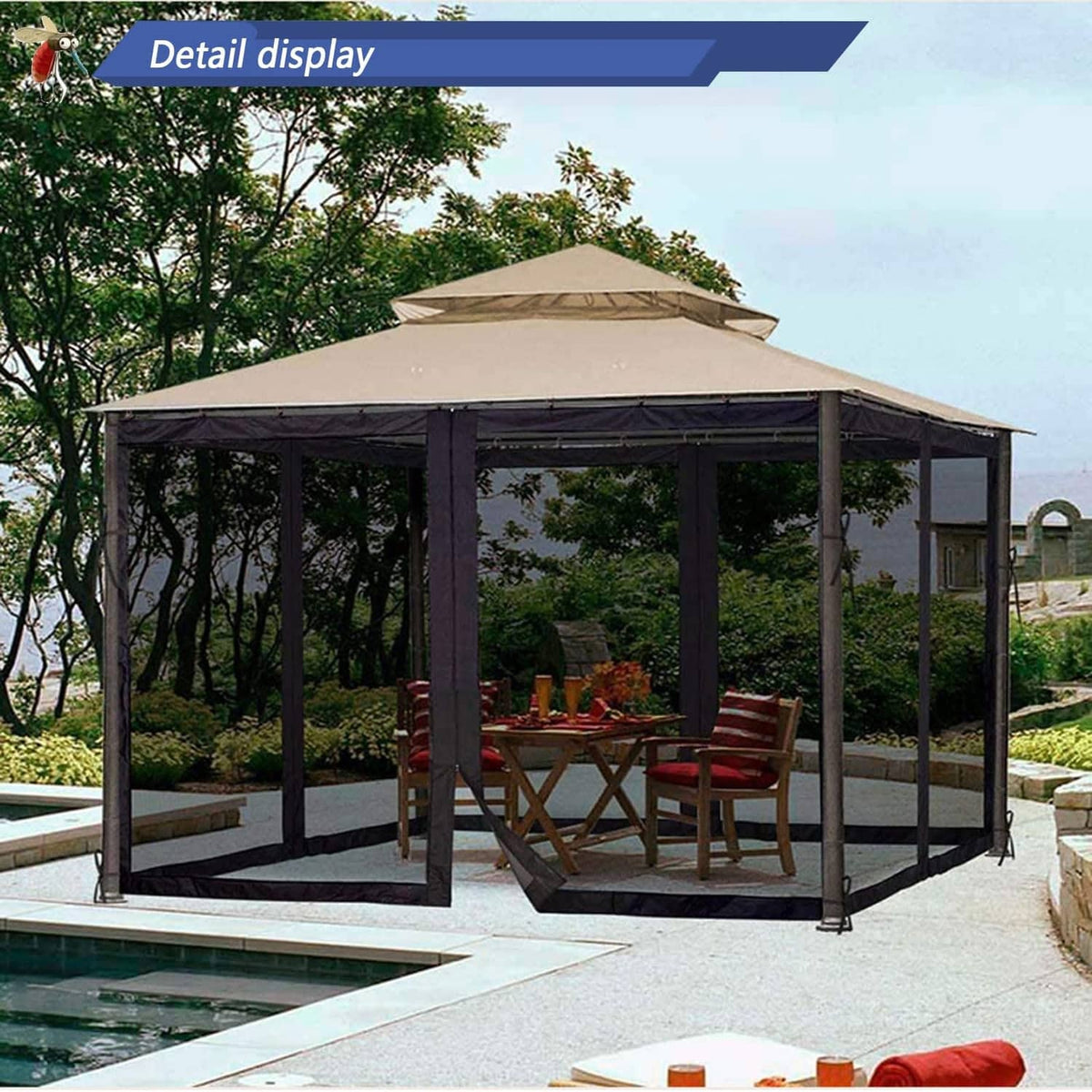 Black mosquito netting gazebo wall with zippered door for outdoor seating