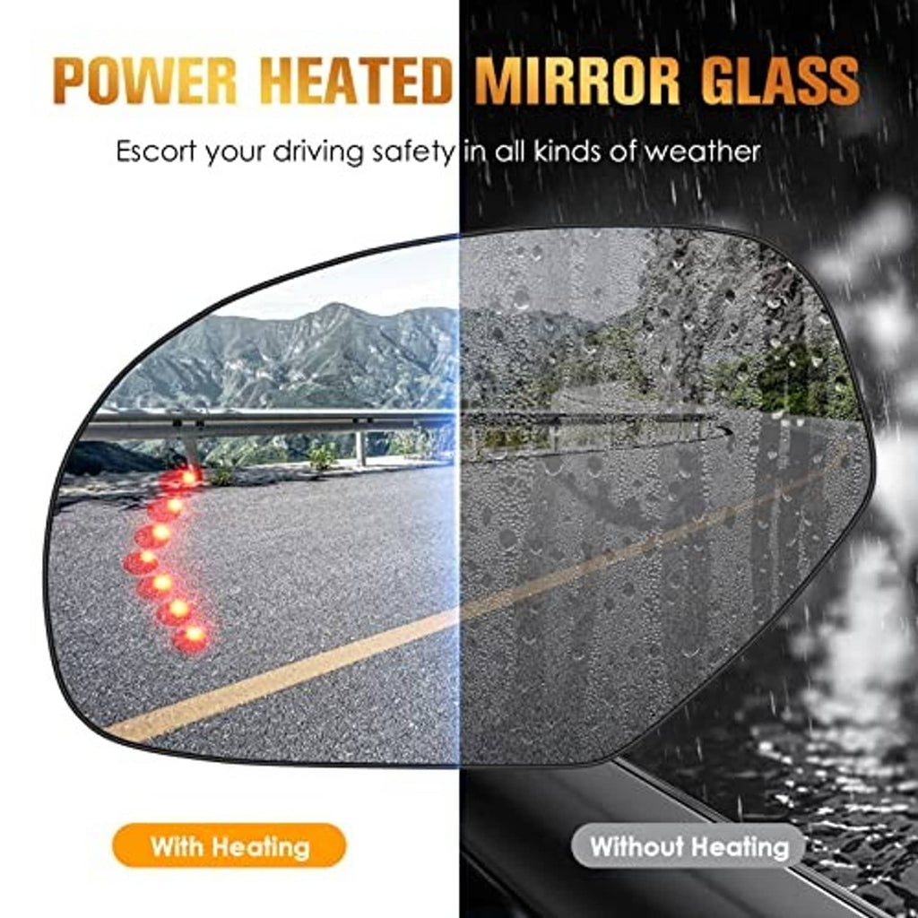 Heated left driver-side mirror glass with water-bead texture and heating function