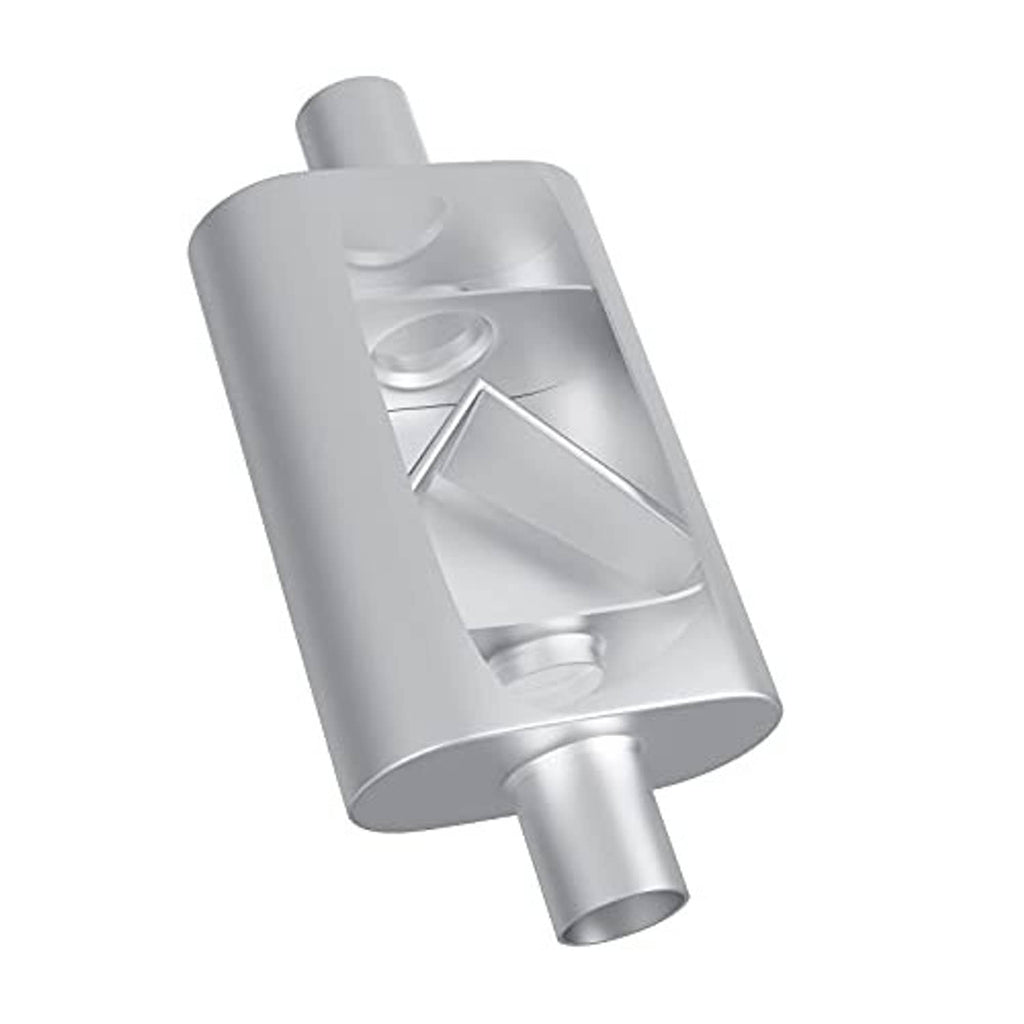 Universal dual-chamber muffler end view with inlet and outlet pipes, silver finish