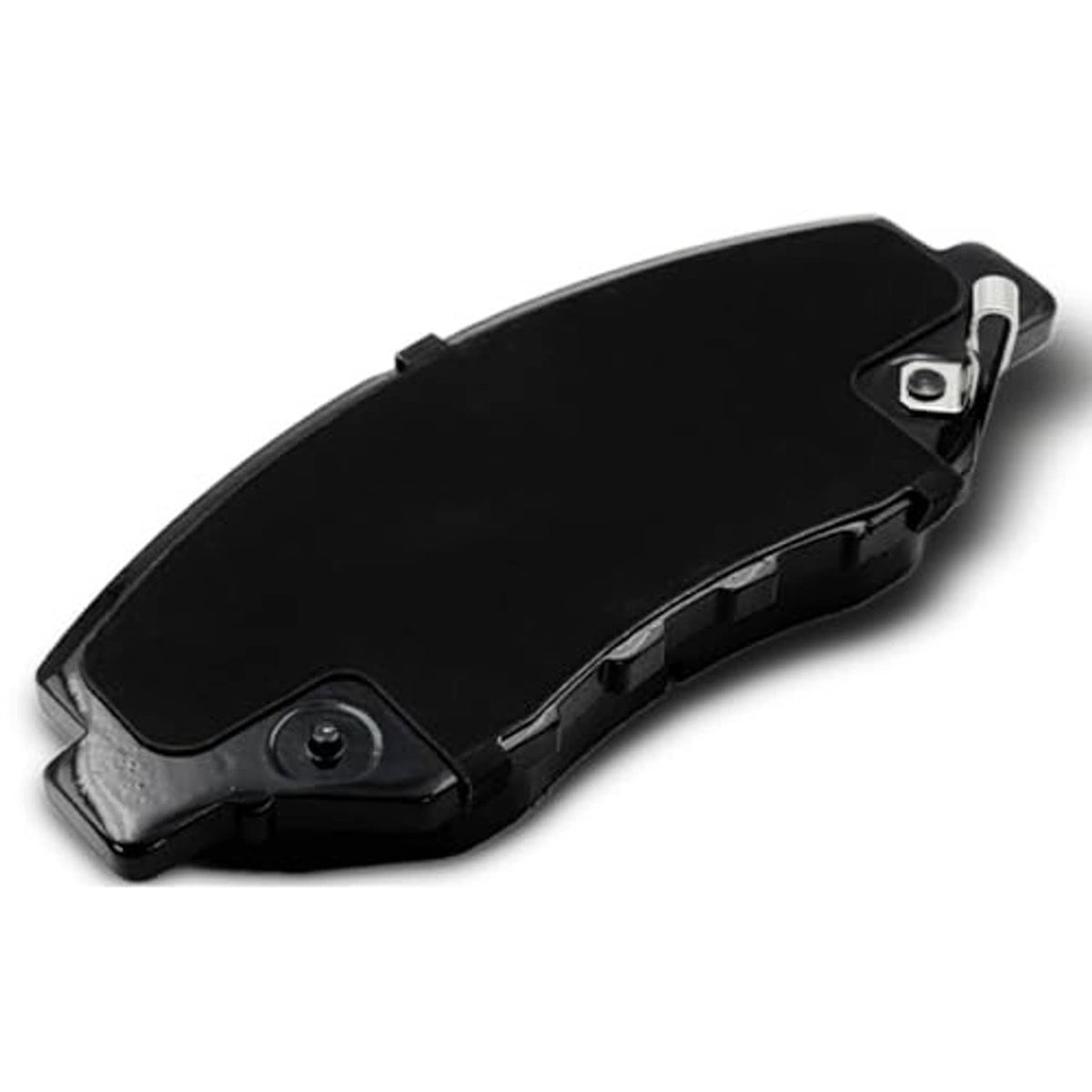 Single black-backed ceramic brake pad with mounting hardware detail