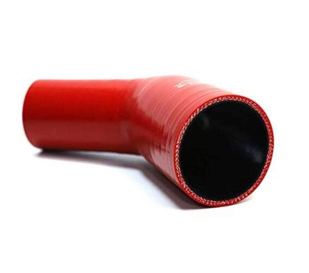 Red 45-degree elbow hose coupler with black end opening and reinforced rim edge