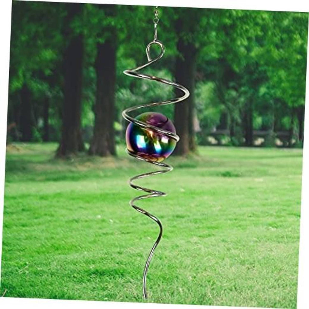 Silver spiral wind spinner with iridescent multicolor gazing ball and hanging hook