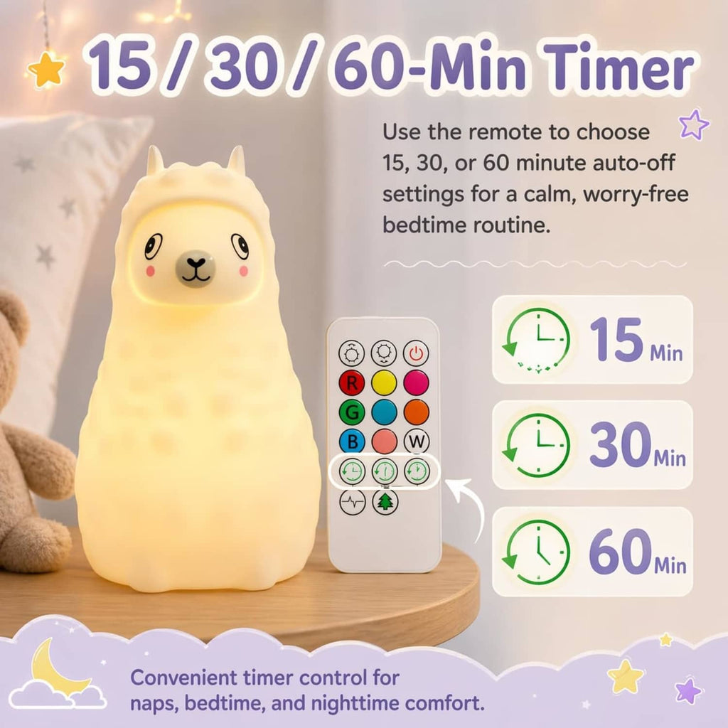 Cream llama LED night light with timer remote showing 15, 30, and 60 minute settings