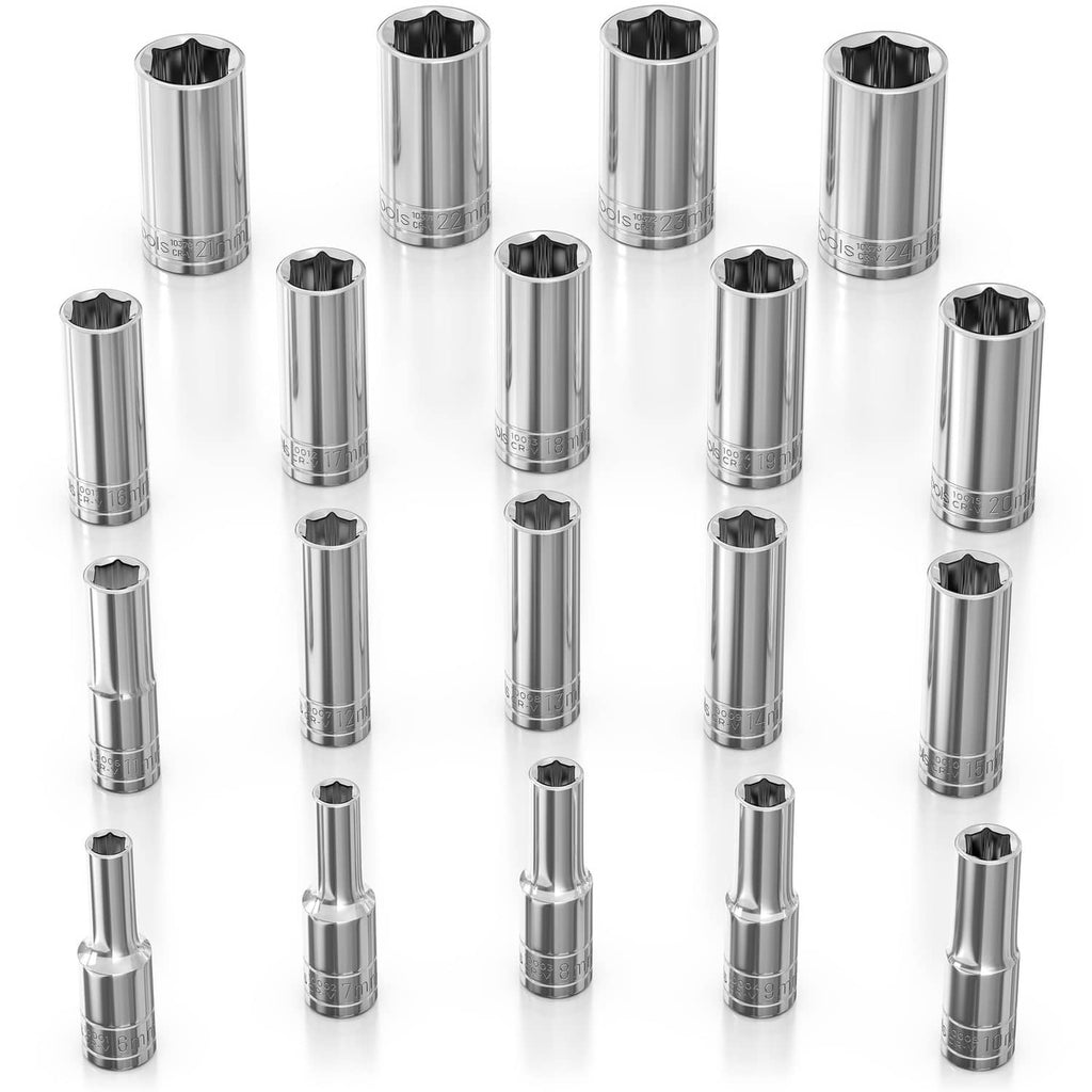 Assorted chrome deep sockets, set of matching socket sizes