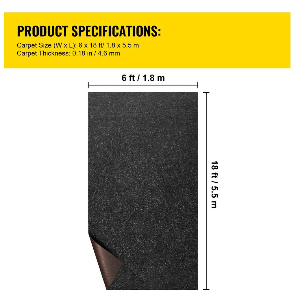 Black marine carpet size diagram, cut pile surface and rolled backing