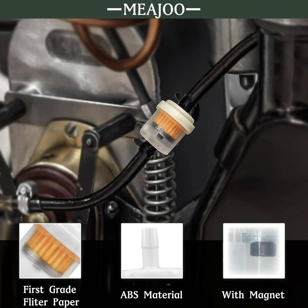 Inline fuel filter installed on a motorcycle, clear housing with orange filter insert