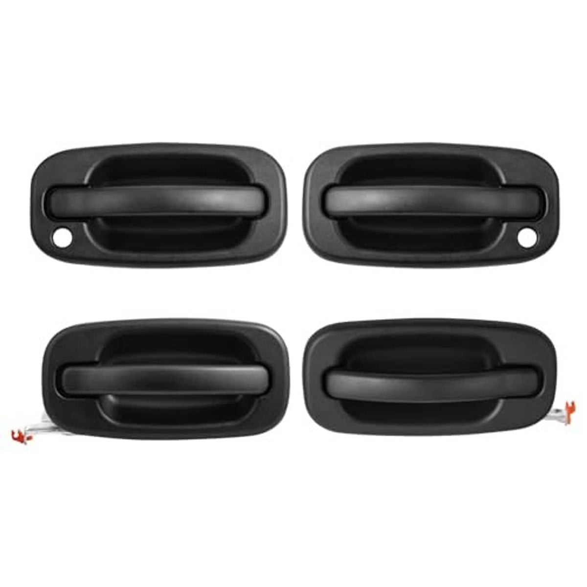 Set of 4 black exterior door handles with curved grip and two-hole mounting design