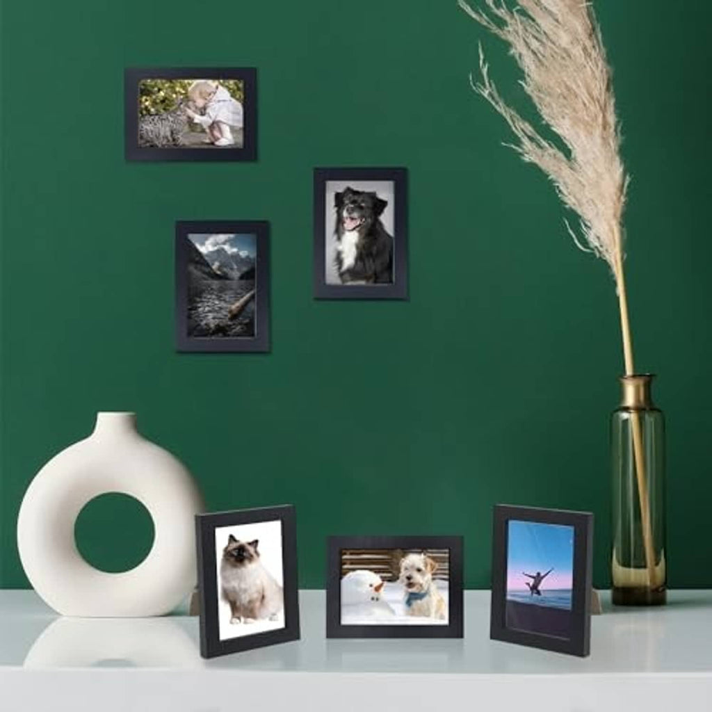 Set of 4x6 picture frames in dark finish with multiple pet photos displayed