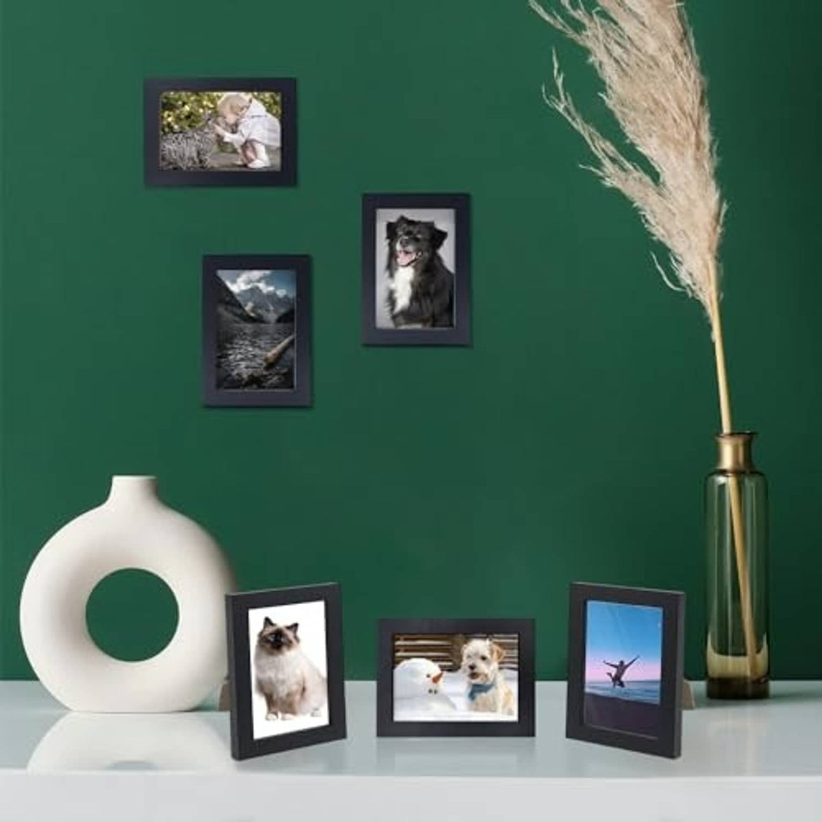 Set of 4x6 picture frames in dark finish with multiple pet photos displayed