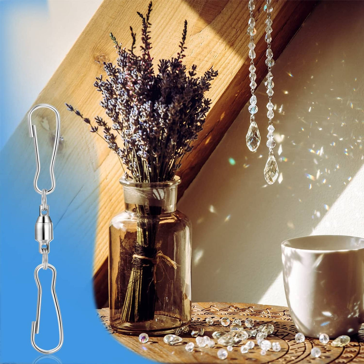 Silver swivel hook clip with short chain for hanging curtains, plants, or lights