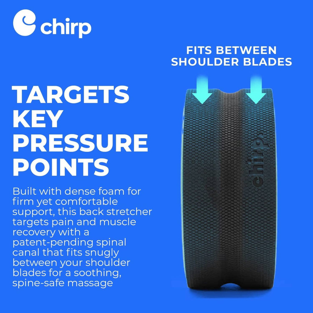 Black textured foam roller back stretcher with dual pressure zones, mint ring