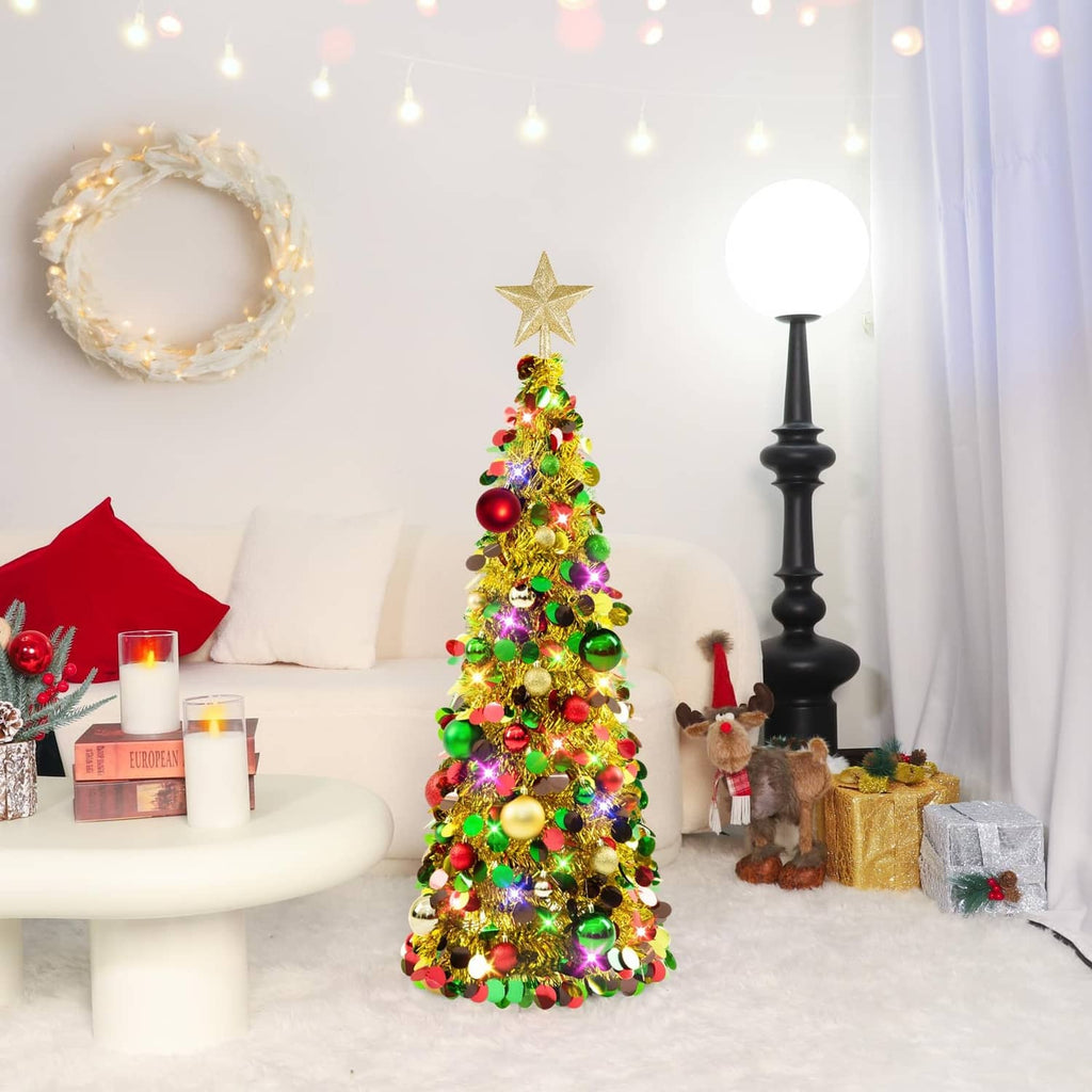 3ft gold pop-up Christmas tree with star topper, colorful baubles and blinking LED lights
