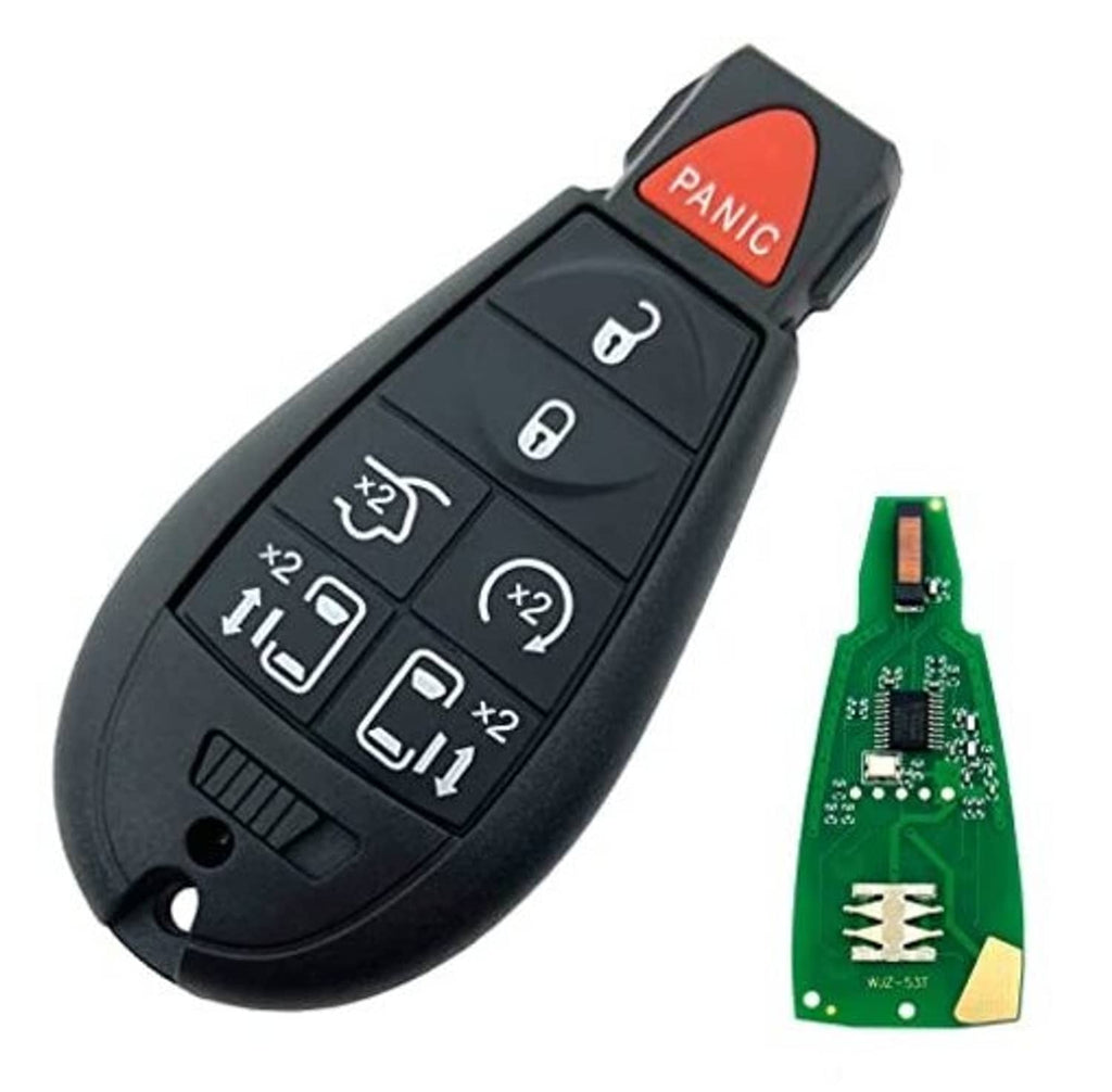 Black keyless remote car key fob with red PANIC button and visible lock/unlock icons