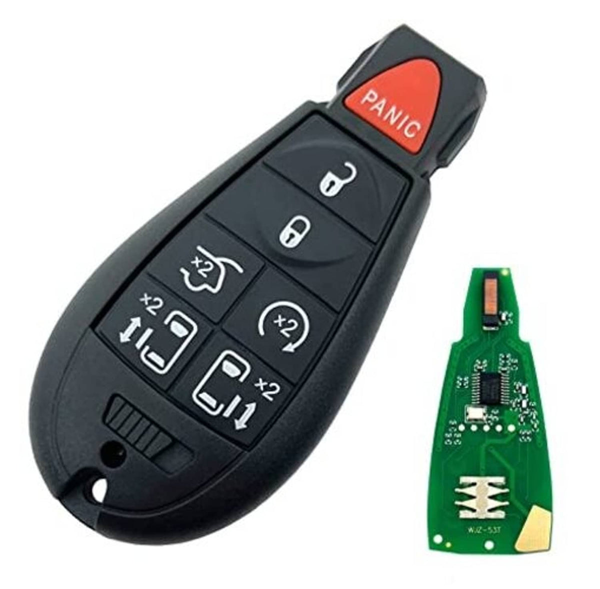 Black keyless remote car key fob with red PANIC button and visible lock/unlock icons
