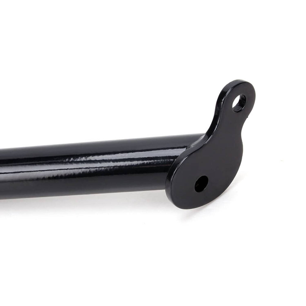 Black mounting bracket end with bolt holes on engine crash guard bar