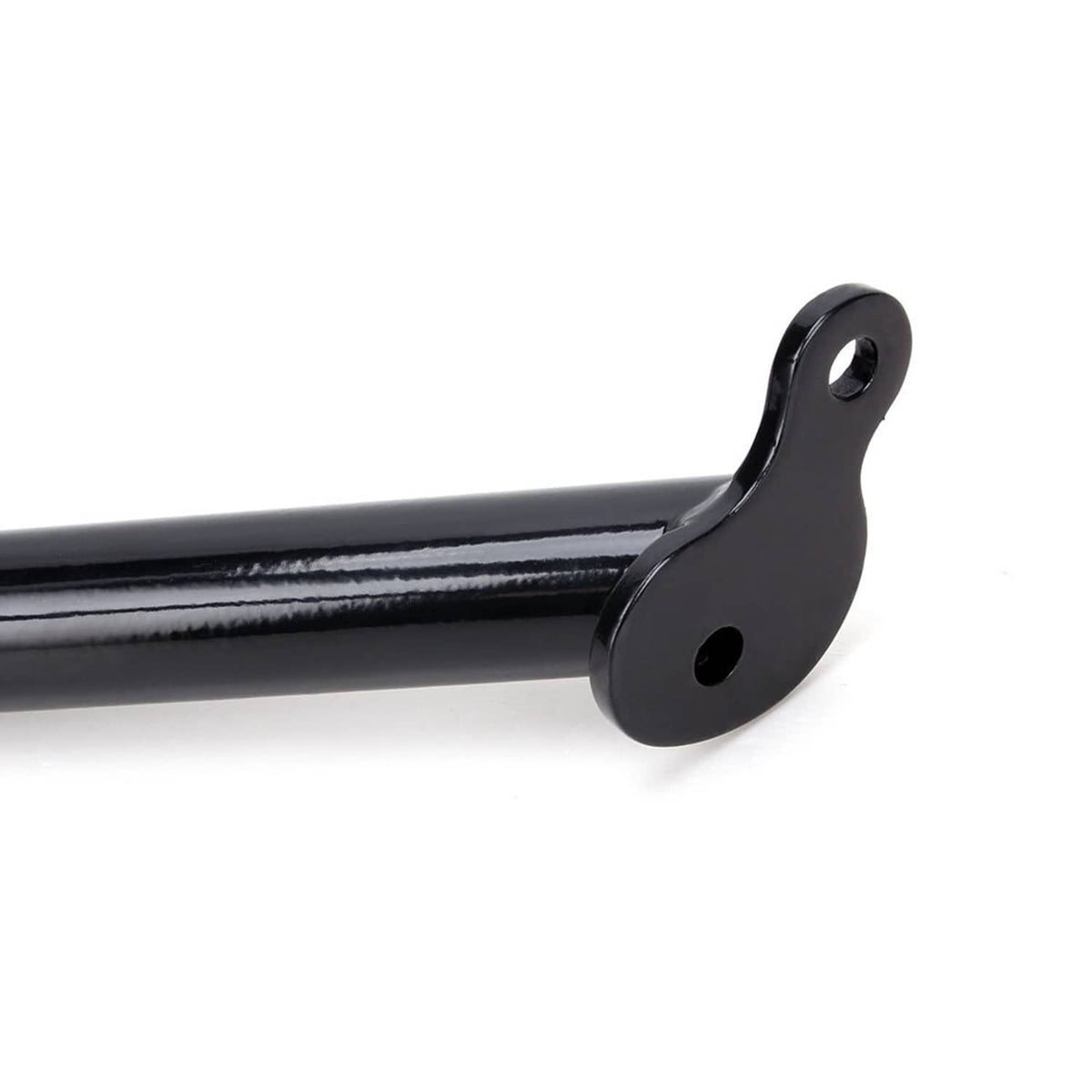 Black mounting bracket end with bolt holes on engine crash guard bar