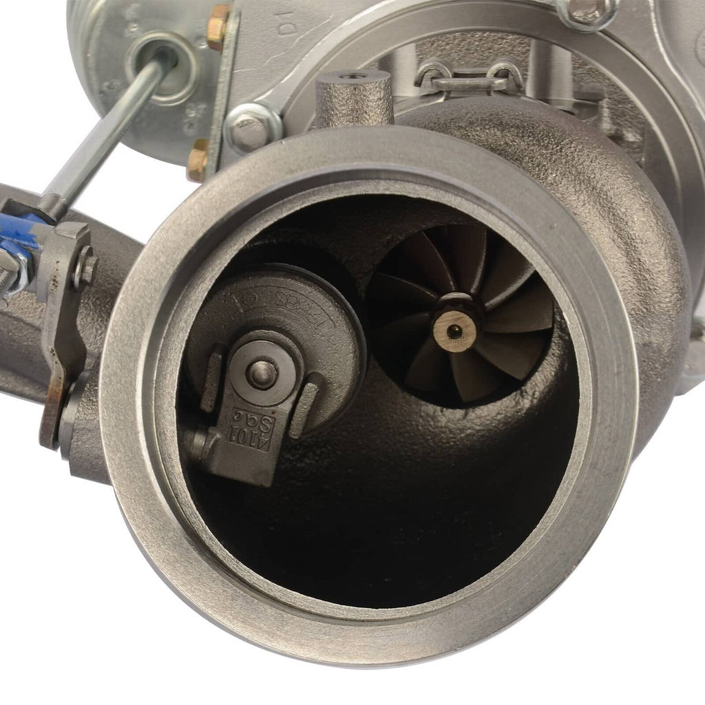 Turbocharger turbine housing with visible impeller and fan blades