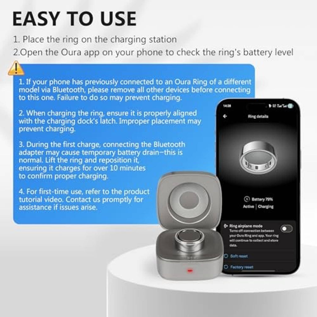 Wireless charging case shown with ring dock and smartphone battery/app screen diagram