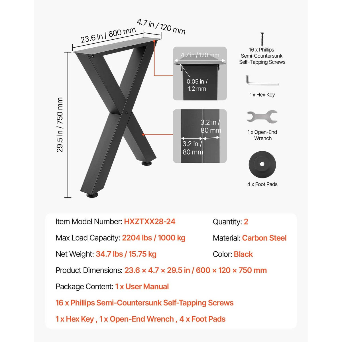 Black carbon steel X-frame table legs set with hardware and rubber foot pads.