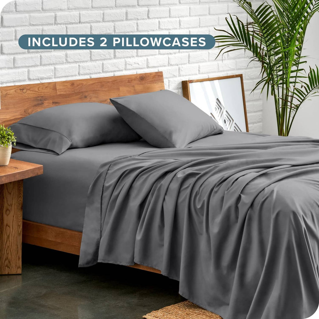 Grey microfiber bed sheet set with two pillowcases, flat sheet, and fitted sheet