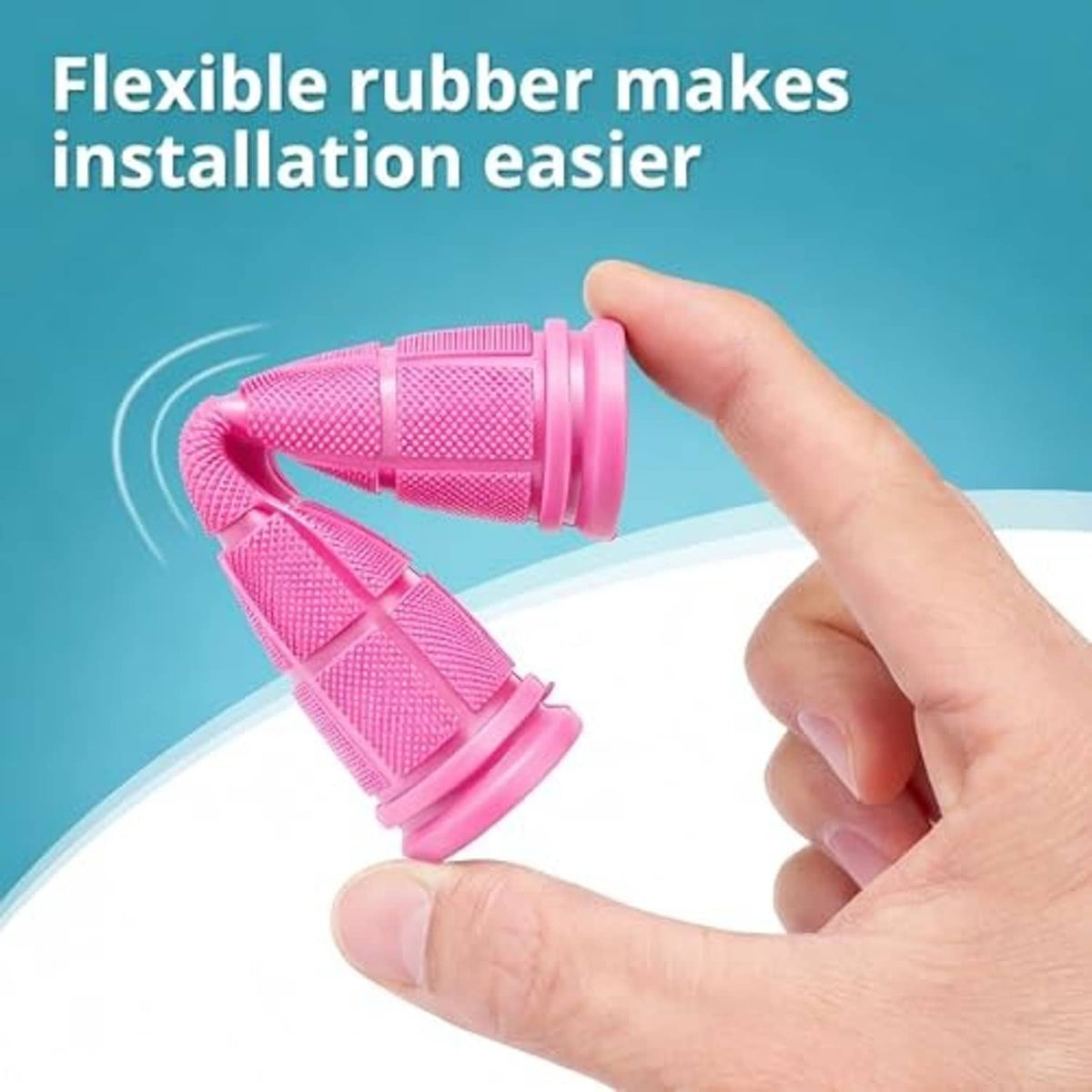 Hand stretching pink rubber bicycle grips with textured surface and flared base