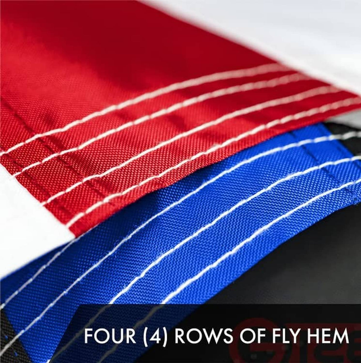Close-up of stitched fly hem showing four rows on a red, white, and blue section