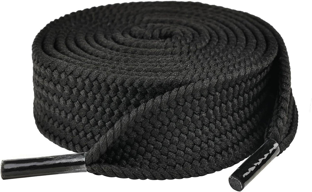 Thick black woven shoelace roll with plastic aglets, 3/4-inch wide