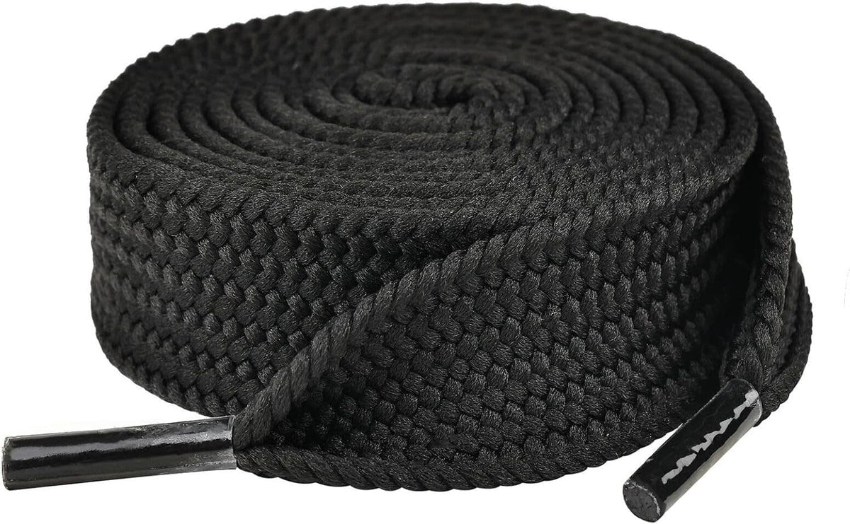 Thick black woven shoelace roll with plastic aglets, 3/4-inch wide