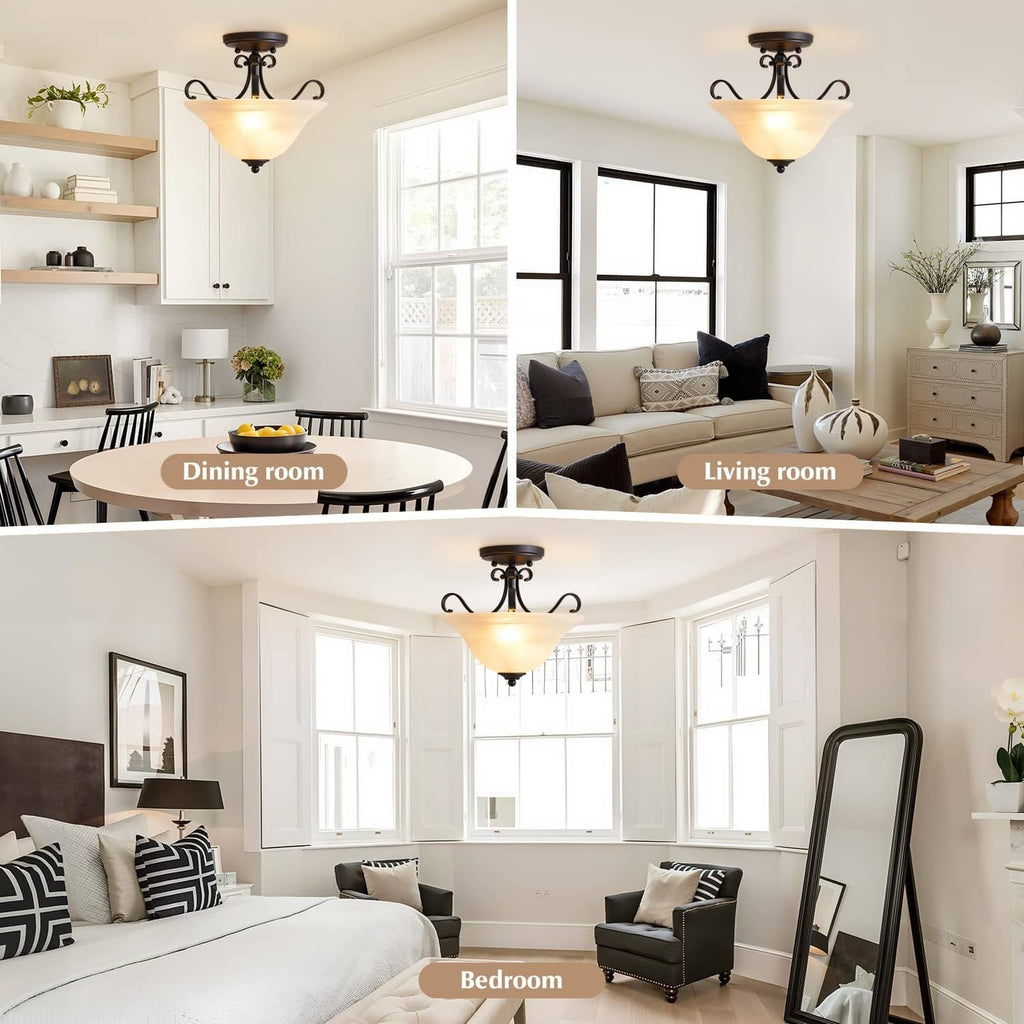 Black semi-flush ceiling light with frosted glass shade, decorative scroll metalwork