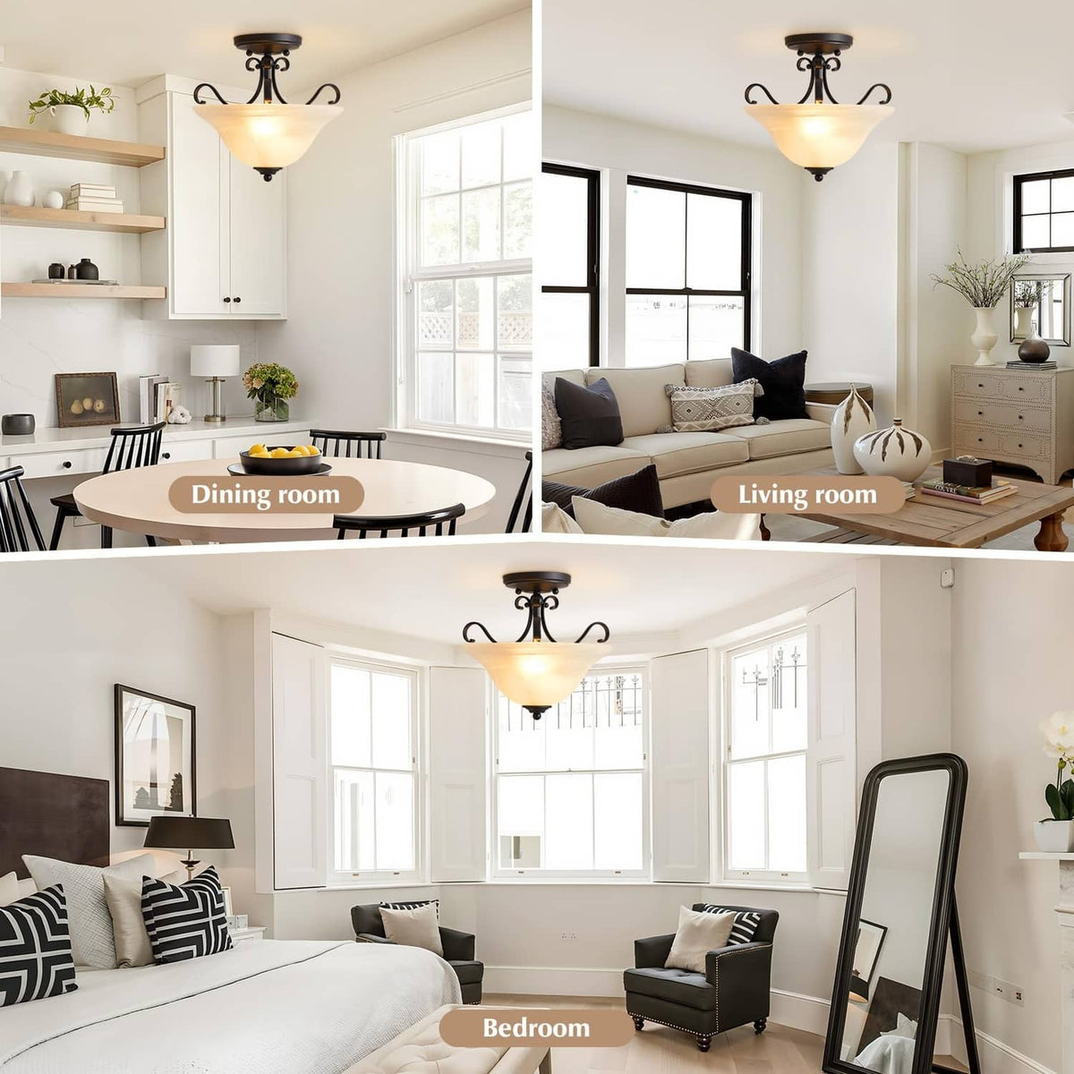 Black semi-flush ceiling light with frosted glass shade, decorative scroll metalwork