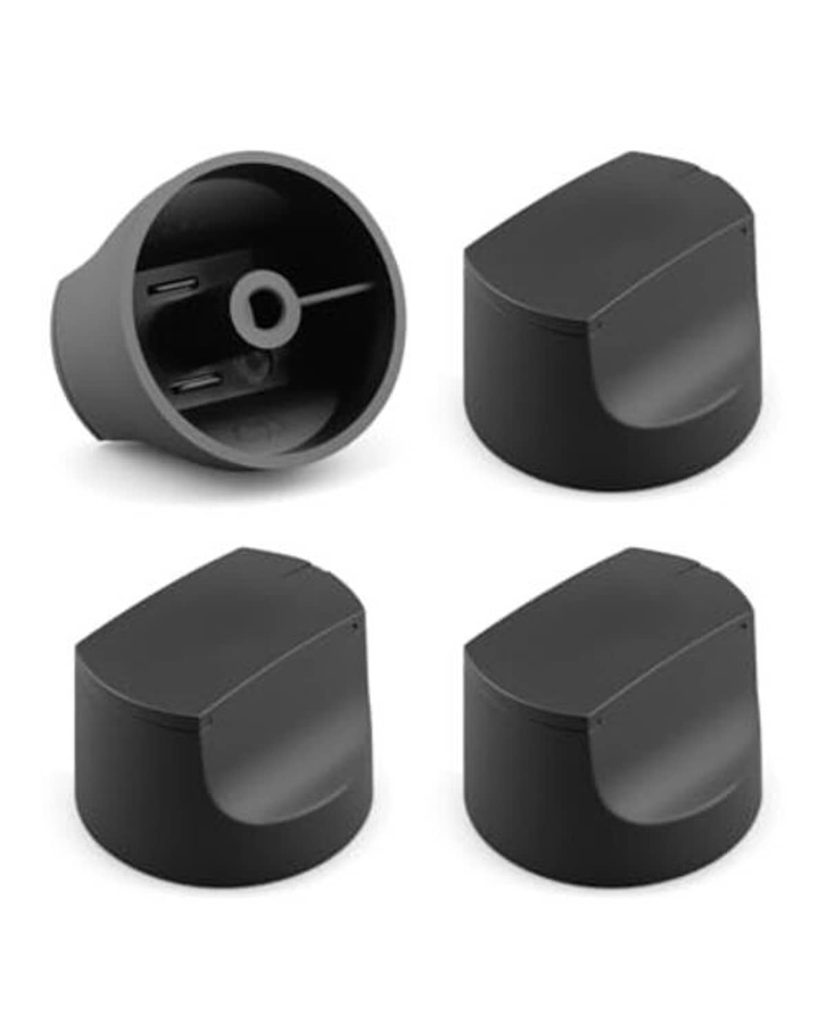 Four black grill control knobs, one front view with indicator line and center hole