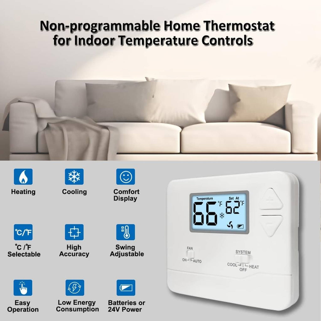 Wall-mounted thermostat with digital display showing 66°F and system control switches