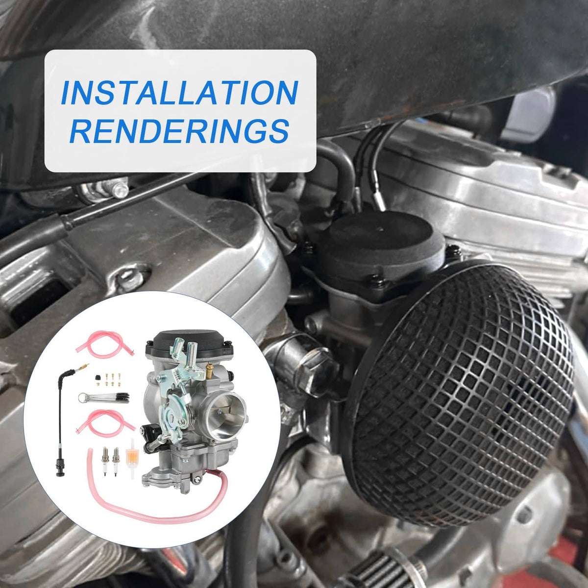 Carburetor installed under engine cover with black intake housing and red fuel hose