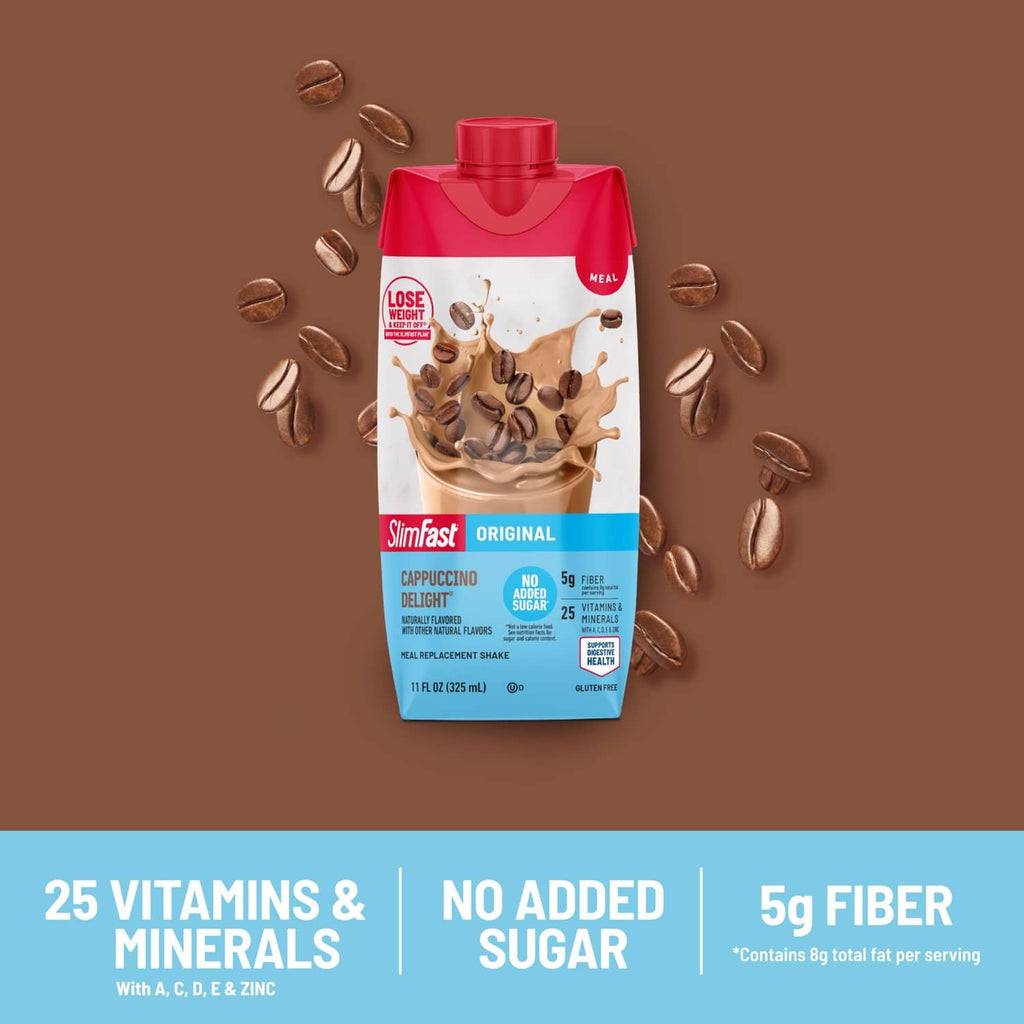 SlimFast original cappuccino meal replacement shake carton with coffee-bean sprinkles