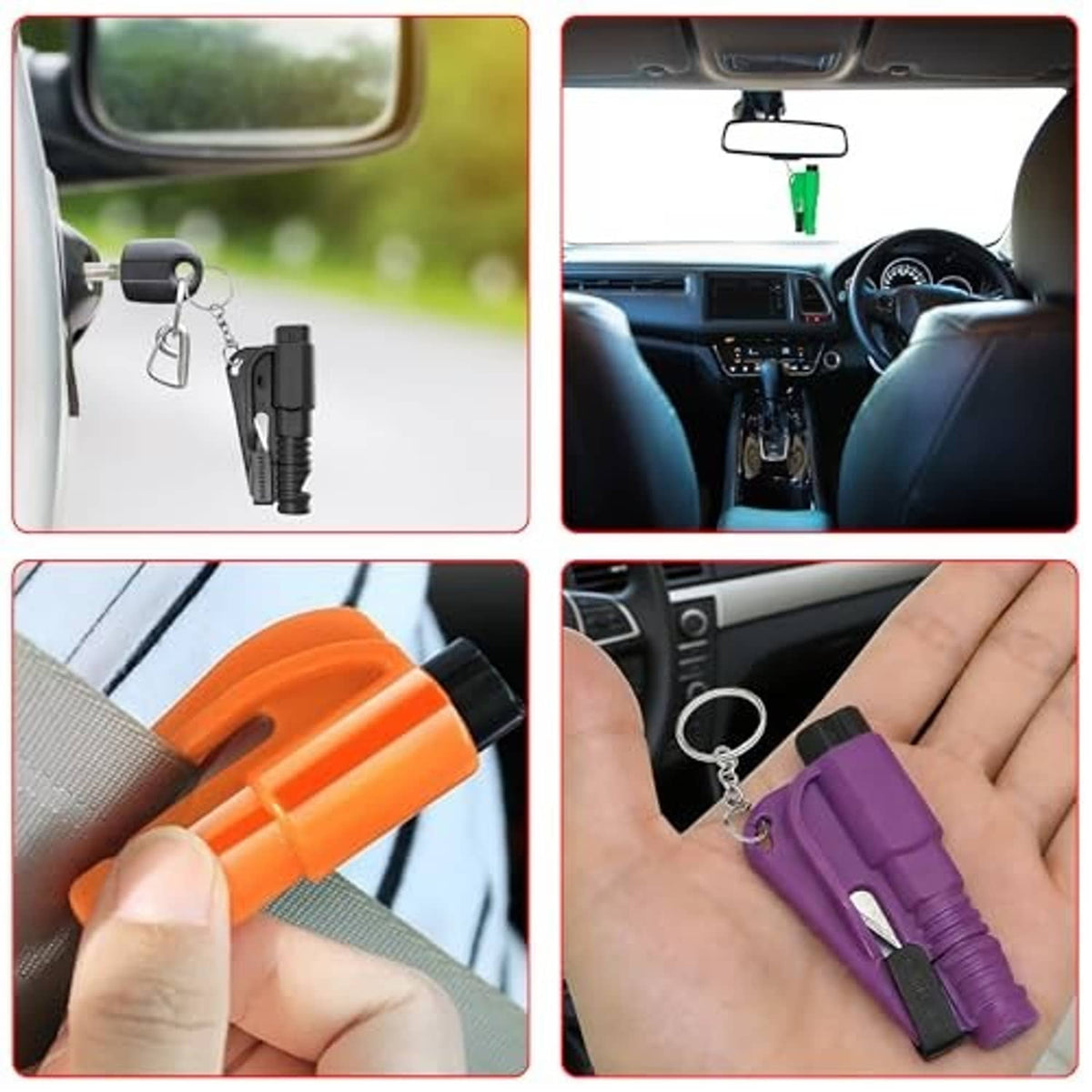 Set of orange and purple escape tool keychains shown with car interior clips and hands