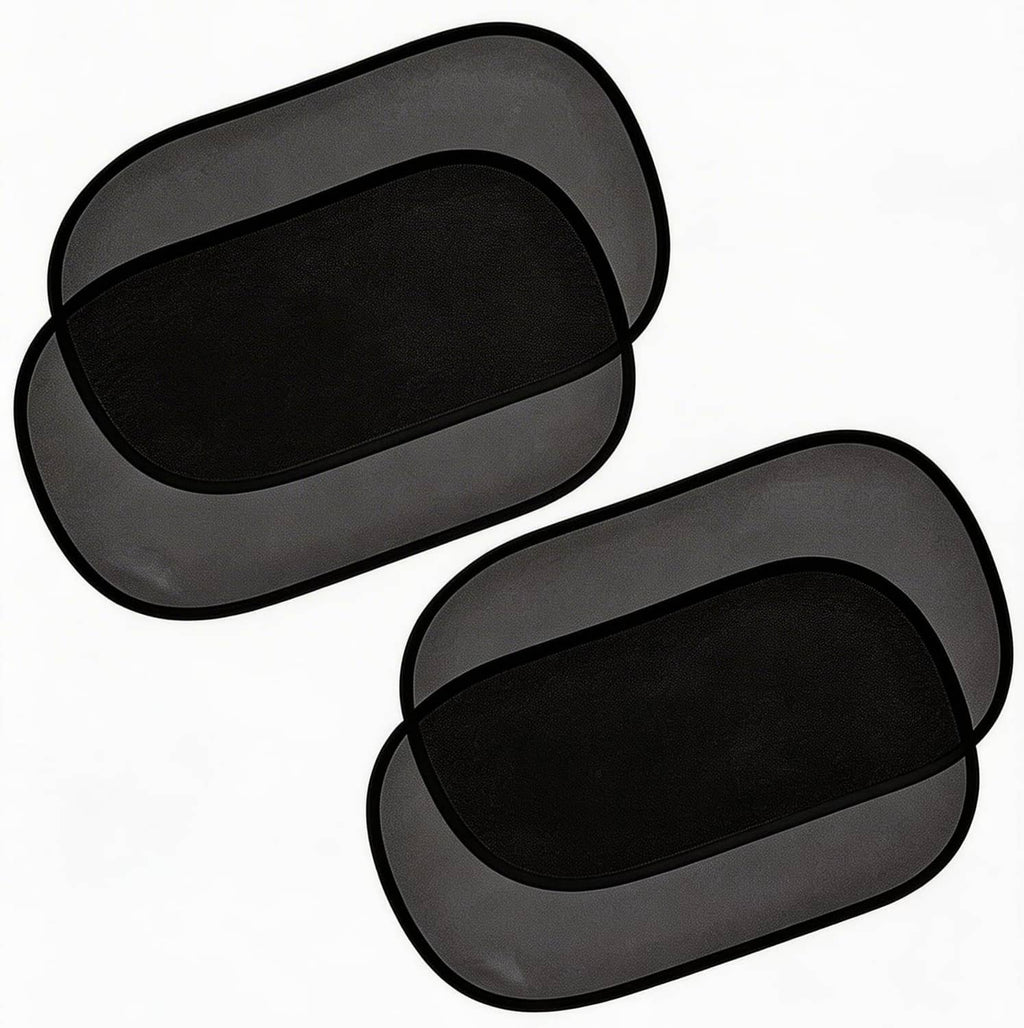 Black oval car window sun shades set with static cling backing, two panels.