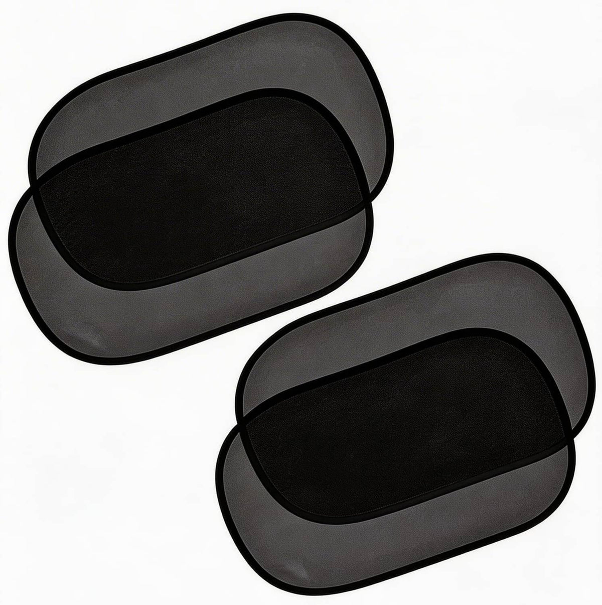 Black oval car window sun shades set with static cling backing, two panels.