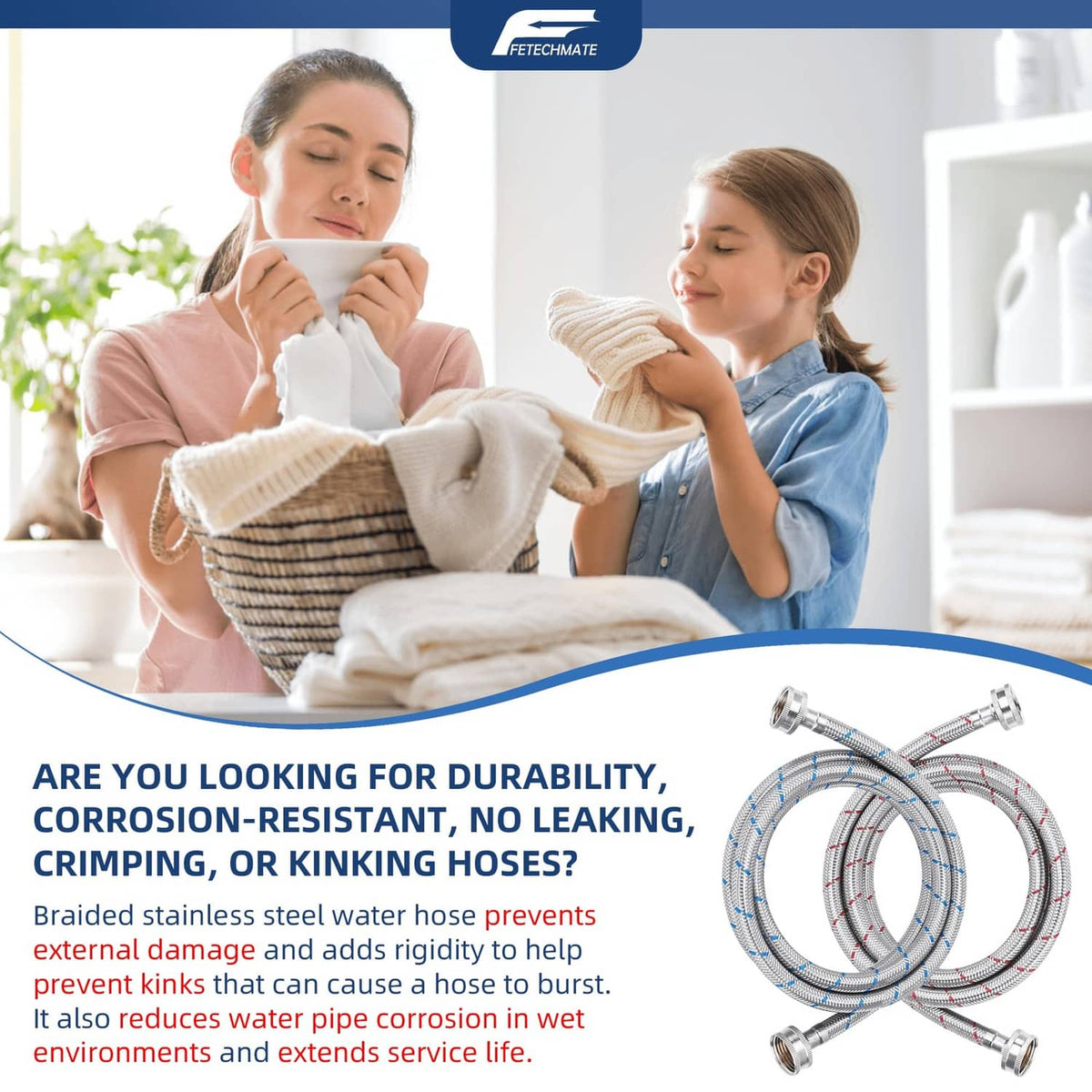 Braided stainless steel washer hoses with threaded brass connectors and included washers