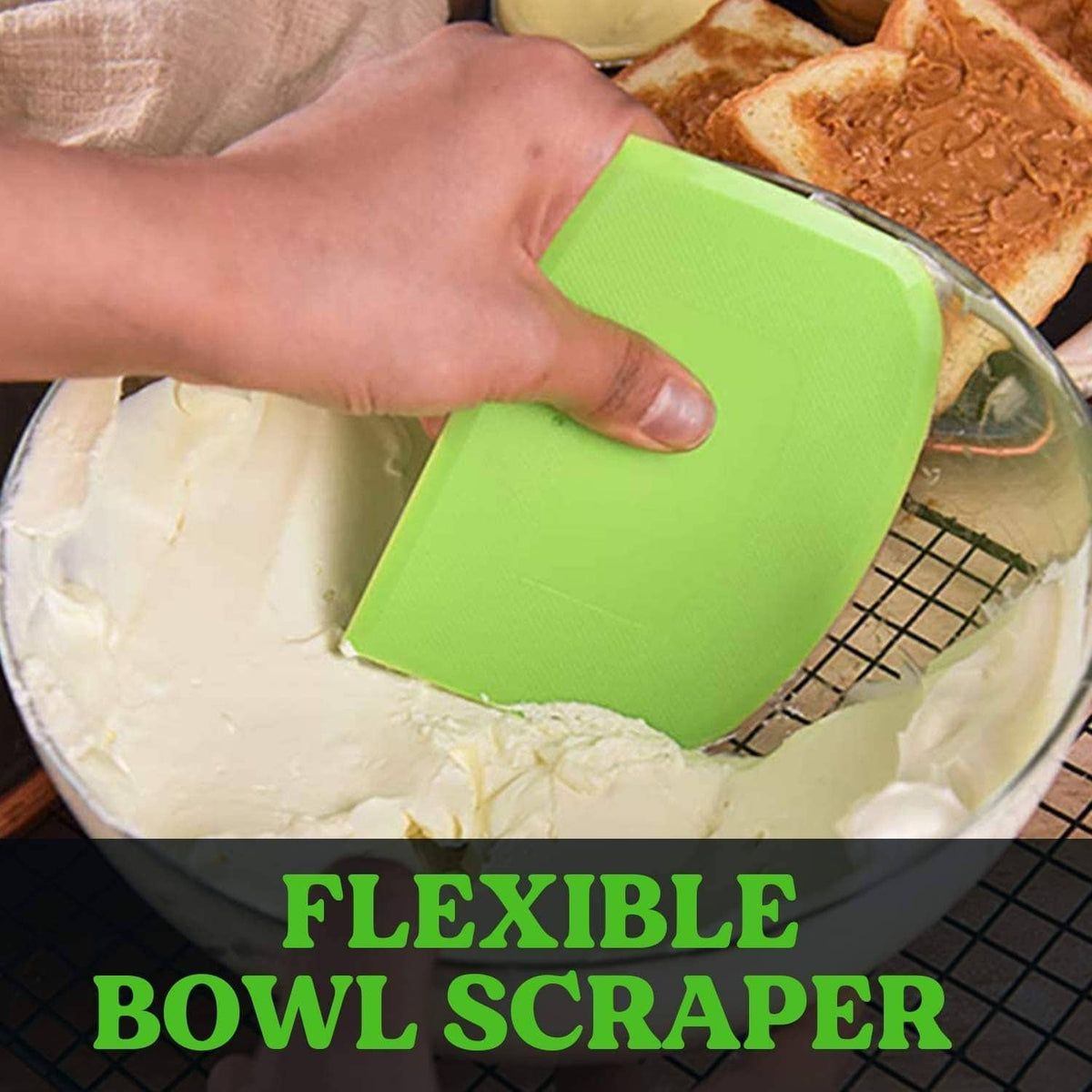 Green silicone dough scraper bench for bowl scraping, flexible scoop shape