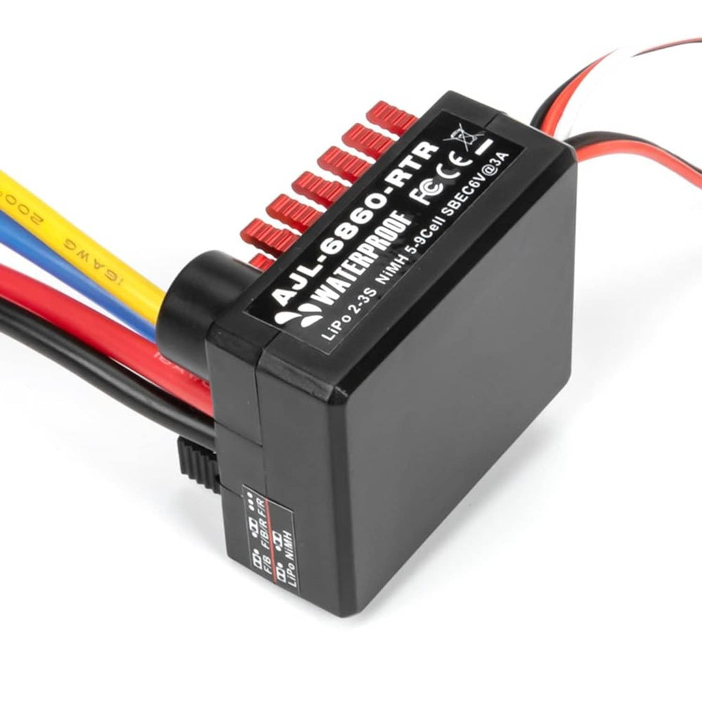Brushed RC speed controller ESC in black with printed labels and red/blue/brown wiring