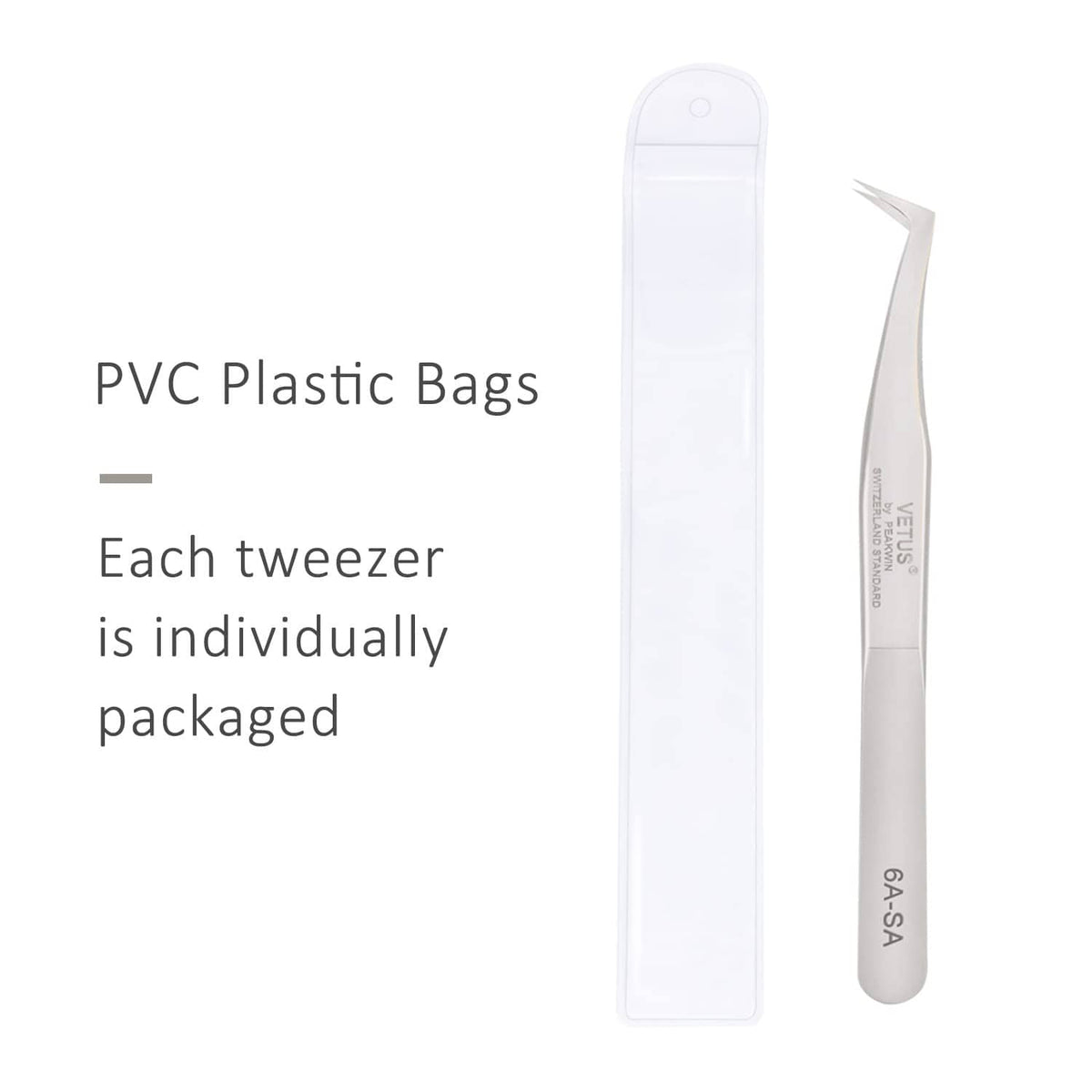 Emeda eyelash extension tweezers packaged in a clear PVC plastic bag